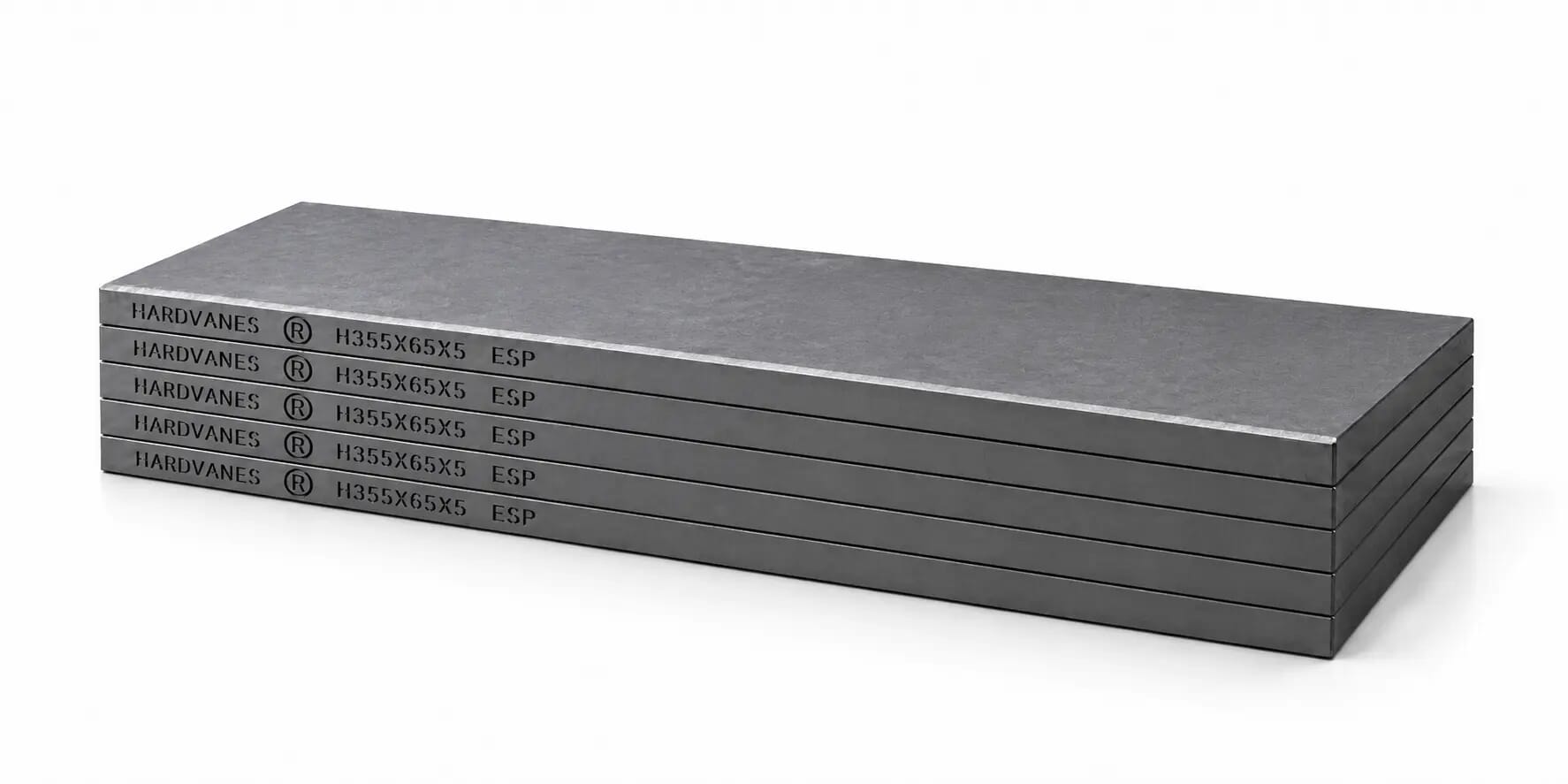 HARDVANES® H355655/5 — Kit de 5 paletas 355 × 65 × 5 mm de carbono-grafito con bisel y grabado H355X65X5 ESP a la izquierda del canto