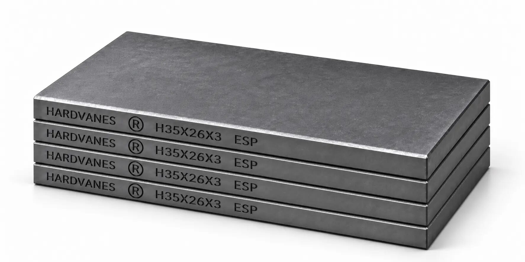Kit de 4 paletas de carbono-grafito HARDVANES H35263/4 de 35×26×3 mm, apiladas y grabadas sobre fondo blanco.