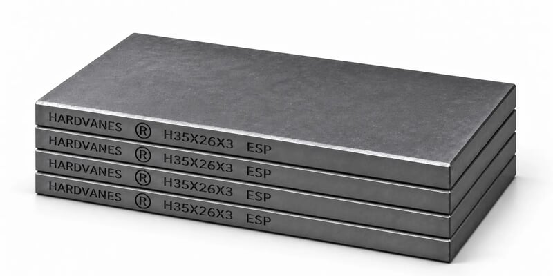 Kit de 4 paletas de carbono-grafito HARDVANES H35263/4 de 35×26×3 mm, apiladas y grabadas sobre fondo blanco.