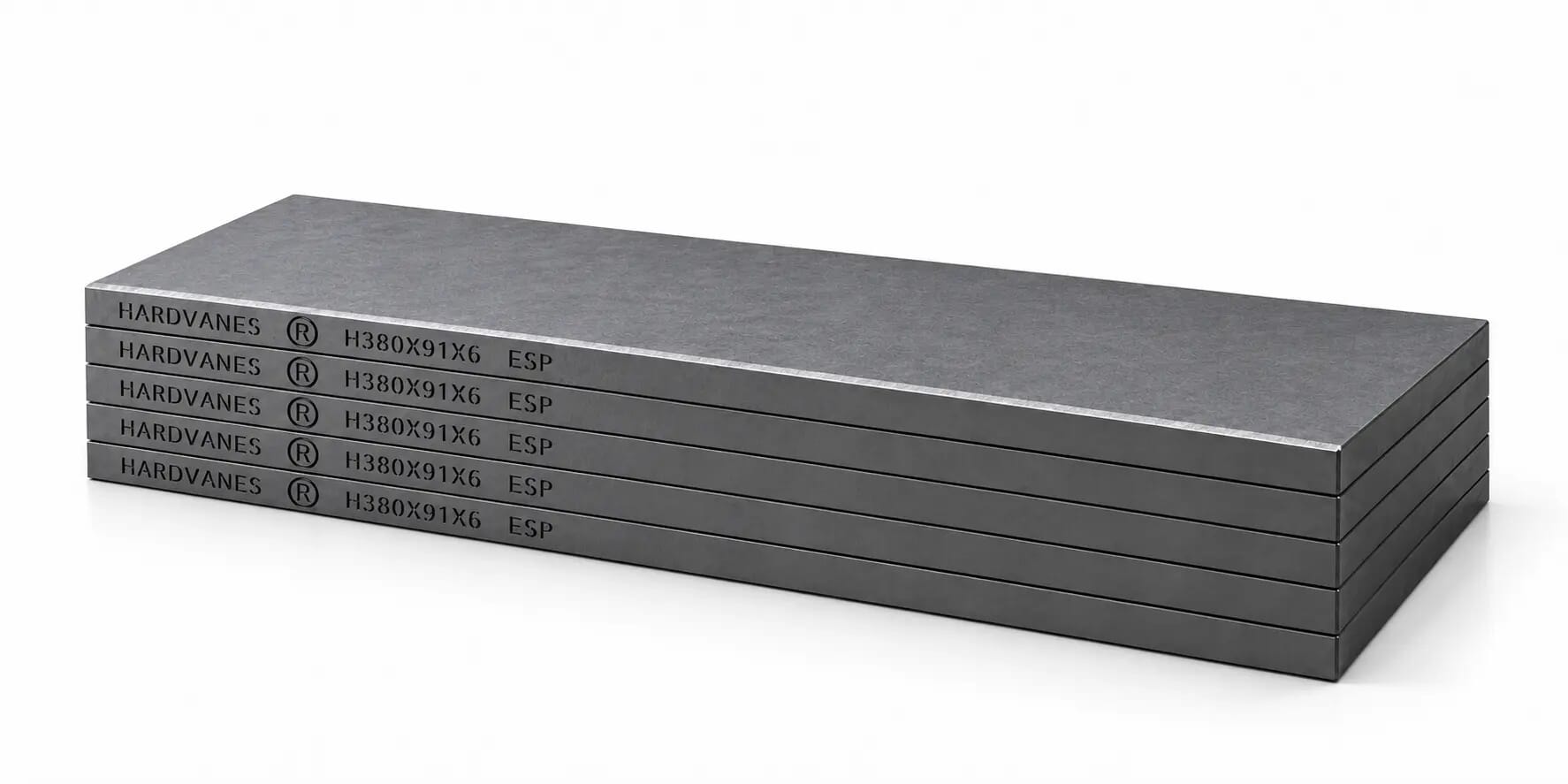 Kit de 5 paletas de carbono-grafito HARDVANES de 380×91×6 mm, apiladas y grabadas sobre fondo blanco.
