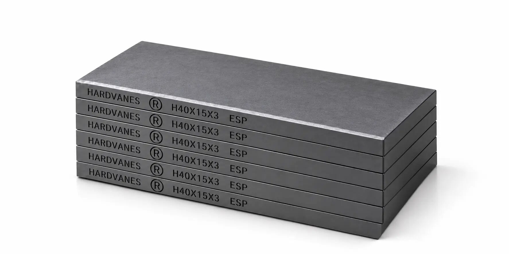 Kit de 6 paletas HARDVANES® de 40 × 15 × 3 mm, carbono-grafito con bisel, grabado a la izquierda y fondo blanco