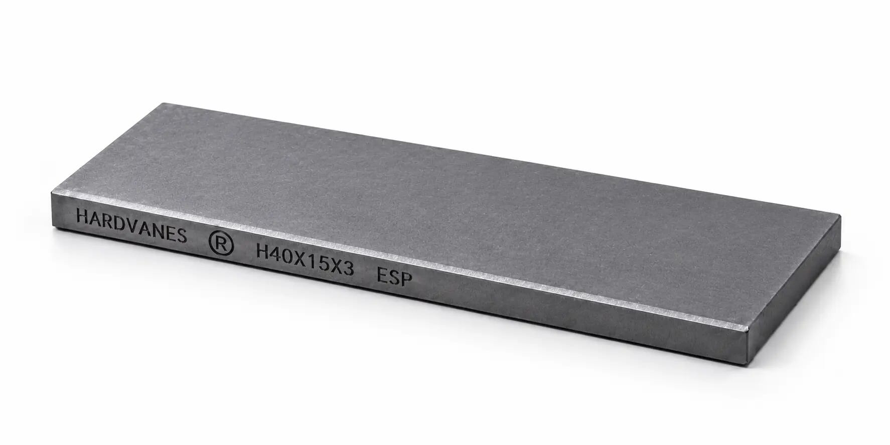 Paleta individual HARDVANES® de 40 × 15 × 3 mm, carbono-grafito con bisel, grabado a la izquierda y fondo blanco