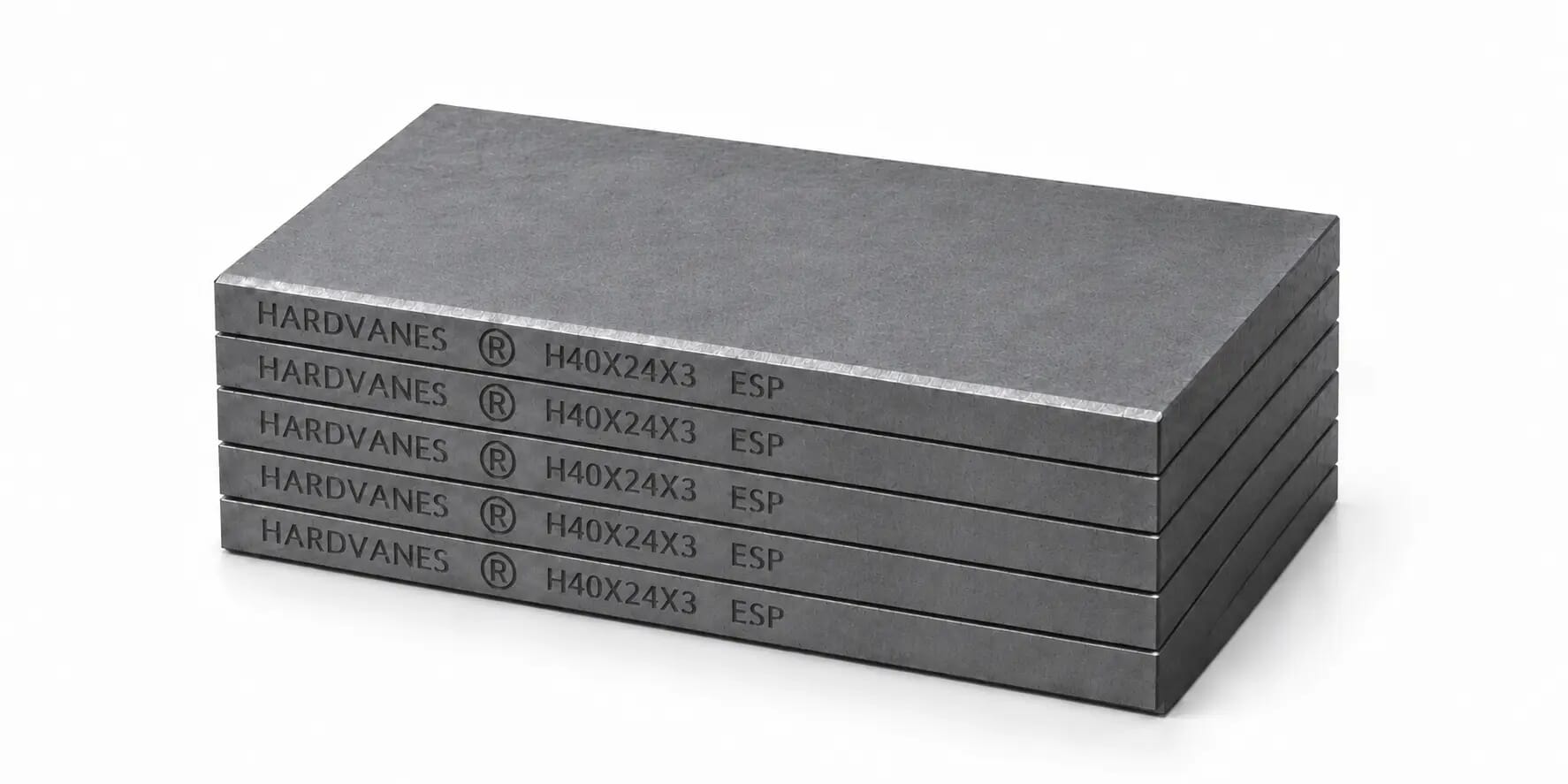 Kit de 5 paletas HARDVANES® de 40 × 24 × 3 mm, carbono-grafito con bisel, grabado a la izquierda y fondo blanco