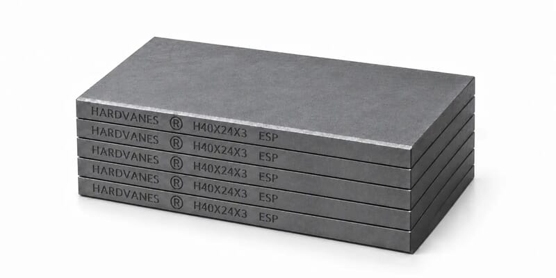 Kit de 5 paletas HARDVANES® de 40 × 24 × 3 mm, carbono-grafito con bisel, grabado a la izquierda y fondo blanco
