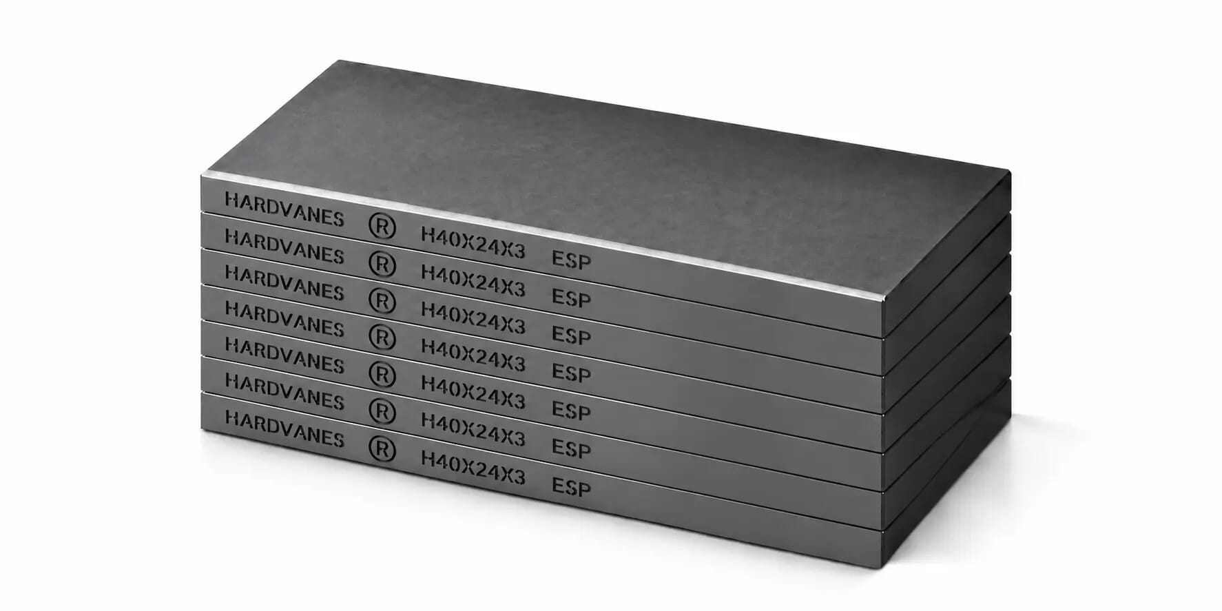 Kit de 7 paletas HARDVANES® de 40 × 24 × 3 mm, carbono-grafito con bisel, grabado a la izquierda y fondo blanco