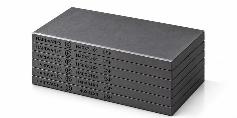 HARDVANES® H40314/6 — Kit de 6 paletas 40 × 31 × 4 mm con bisel fino y grabado a la izquierda del canto