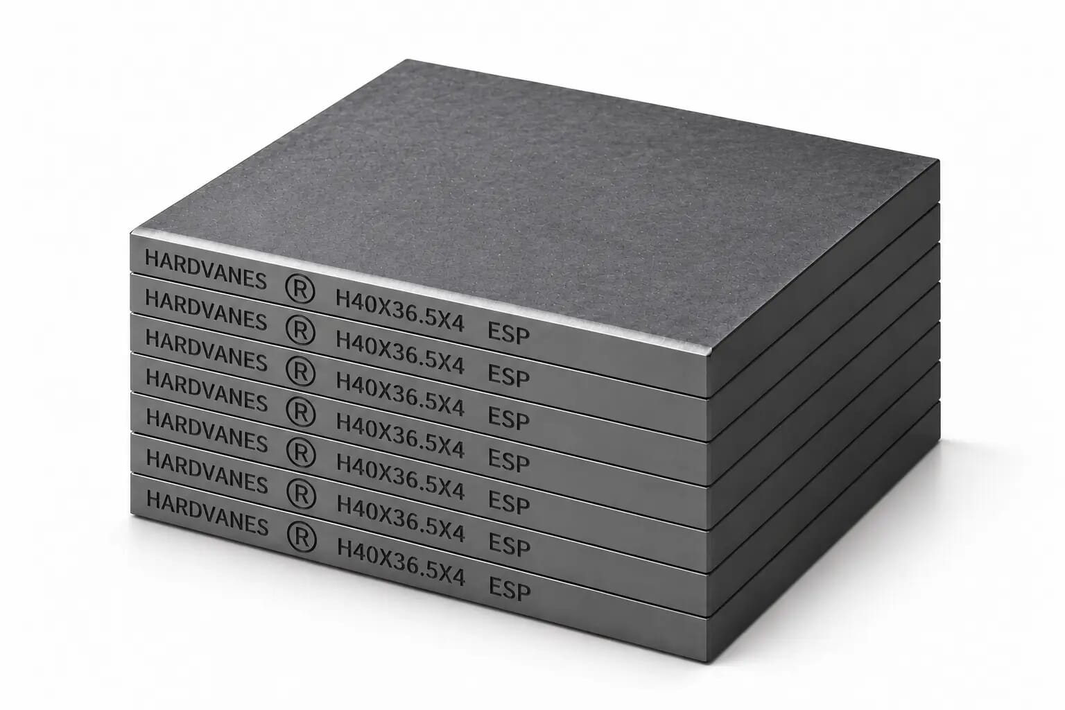 Kit de 7 paletas HARDVANES® de 40 × 36.5 × 4 mm, carbono-grafito con bisel, grabado a la izquierda y fondo blanco