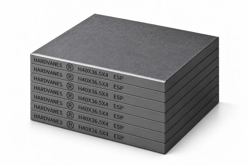 Kit de 7 paletas HARDVANES® de 40 × 36.5 × 4 mm, carbono-grafito con bisel, grabado a la izquierda y fondo blanco