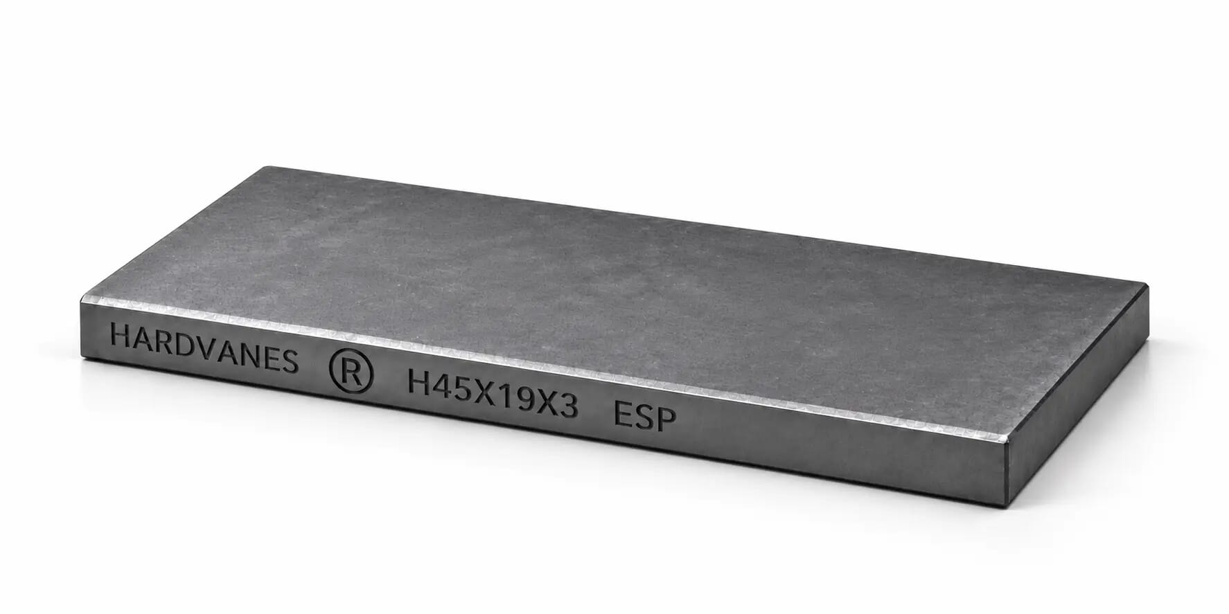 Paleta individual de carbono-grafito HARDVANES H45X19X3 de 45×19×3 mm, con grabado lateral y fondo blanco.