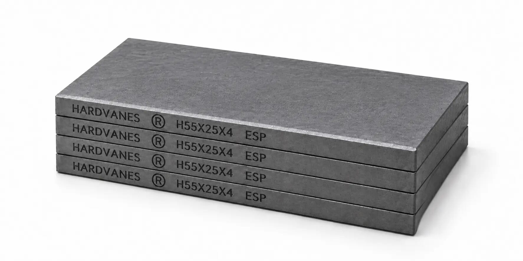 Kit HARDVANES® de 4 paletas idénticas de 55 × 25 × 4 mm, apiladas y alineadas sobre fondo blanco.