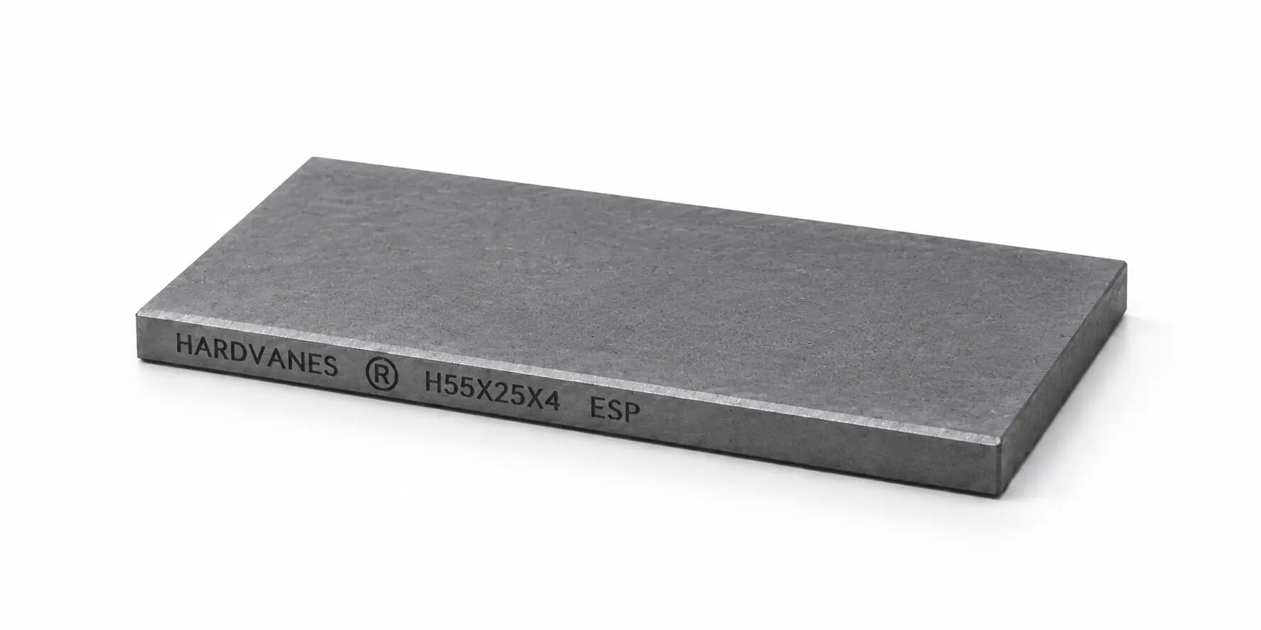 Paleta HARDVANES® de 55 × 25 × 4 mm en grafito mate, grabado en el canto frontal.