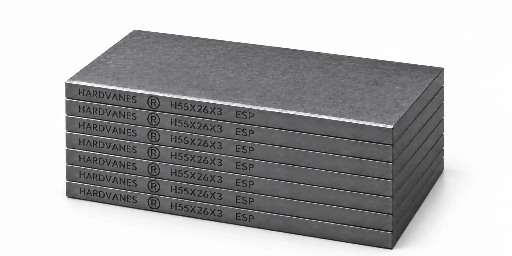 Kit HARDVANES® de 7 paletas idénticas de 55 × 26 × 3 mm, apiladas y alineadas sobre fondo blanco.
