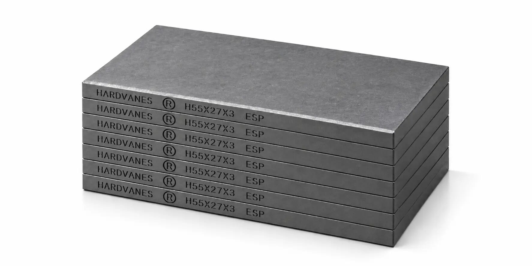 HARDVANES® H55273/7 — Kit de 7 paletas 55 × 27 × 3 mm con bisel fino y grabado a la izquierda del canto