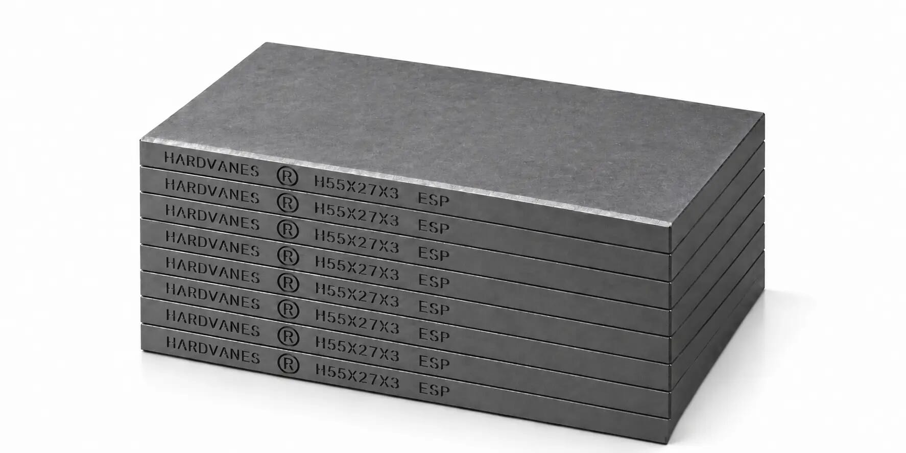 HARDVANES® H55273/8 — Kit de 8 paletas 55 × 27 × 3 mm de carbono-grafito con bisel y grabado H55X27X3 ESP a la izquierda