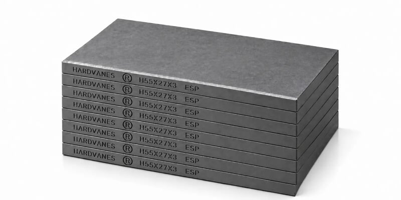 HARDVANES® H55273/8 — Kit de 8 paletas 55 × 27 × 3 mm de carbono-grafito con bisel y grabado H55X27X3 ESP a la izquierda