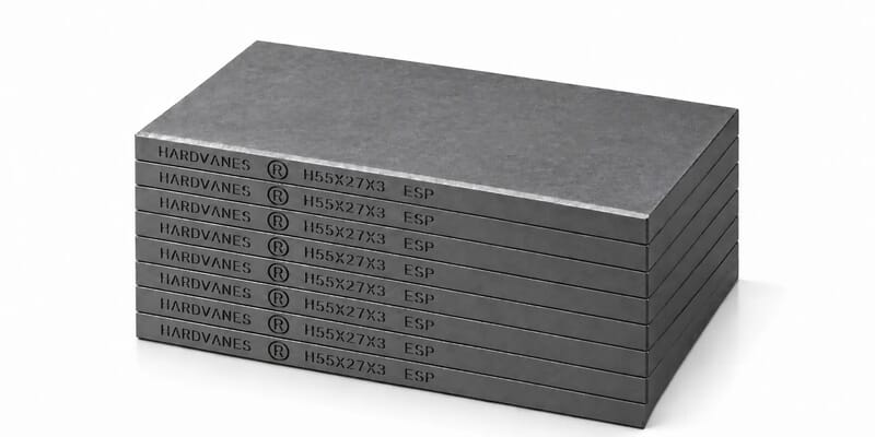 HARDVANES® H55273/8 — Kit de 8 paletas 55 × 27 × 3 mm de carbono-grafito con bisel y grabado H55X27X3 ESP a la izquierda