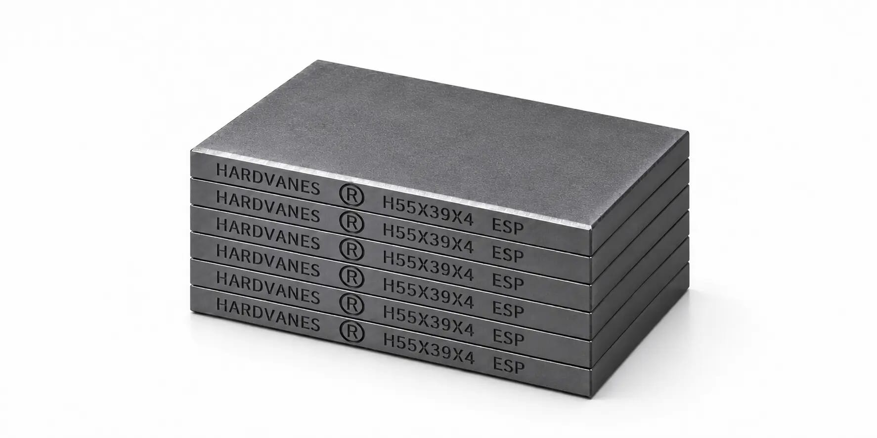 Kit HARDVANES® de 6 paletas idénticas de 55 × 39 × 4 mm, apiladas y alineadas sobre fondo blanco.