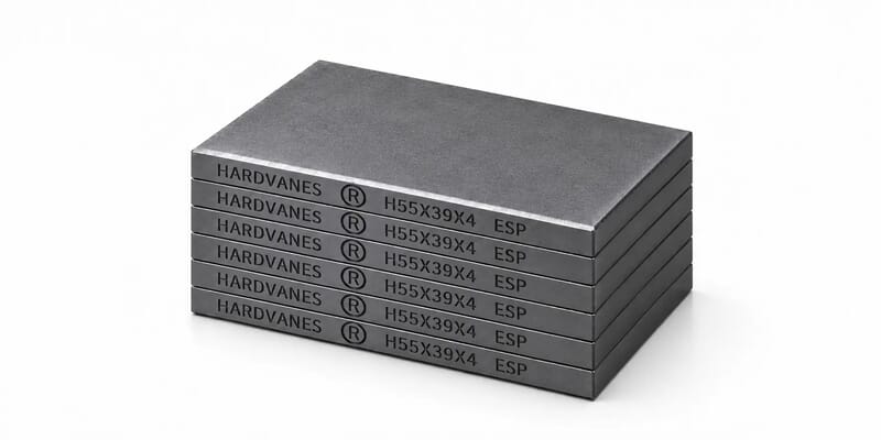 Kit HARDVANES® de 6 paletas idénticas de 55 × 39 × 4 mm, apiladas y alineadas sobre fondo blanco.