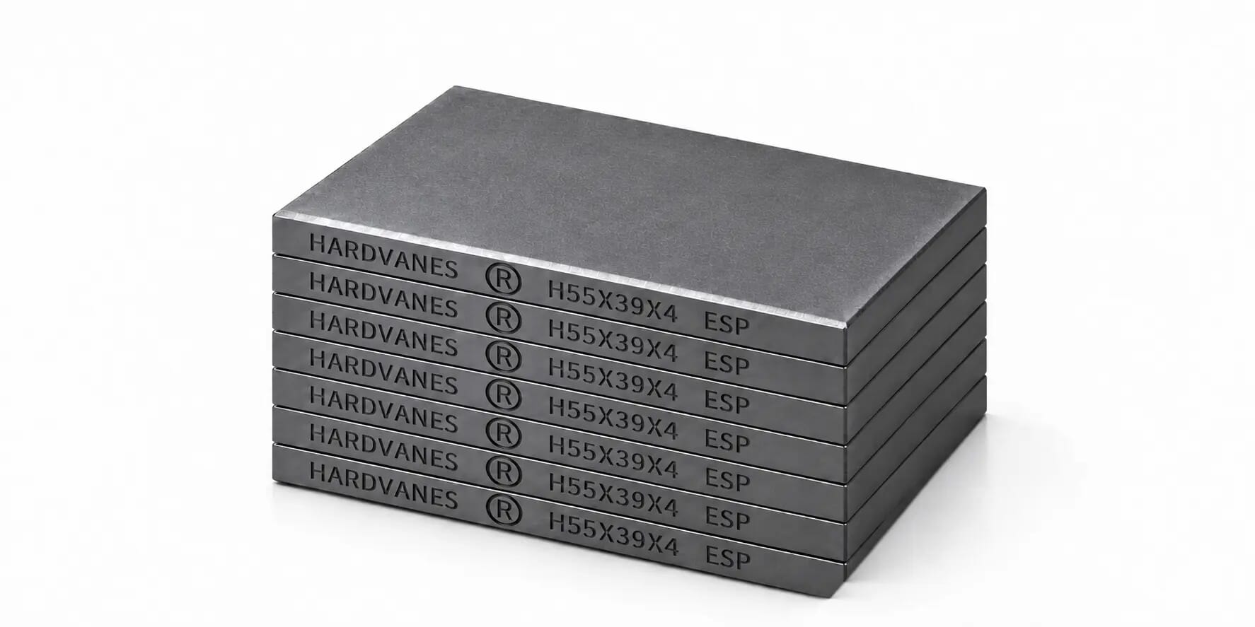 Kit HARDVANES® de 7 paletas idénticas de 55 × 39 × 4 mm, apiladas y alineadas sobre fondo blanco.