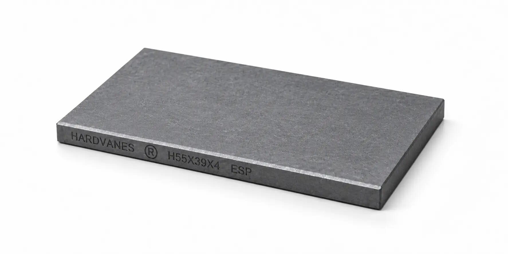 Paleta HARDVANES® de 55 × 39 × 4 mm en grafito mate, grabado en el canto frontal.