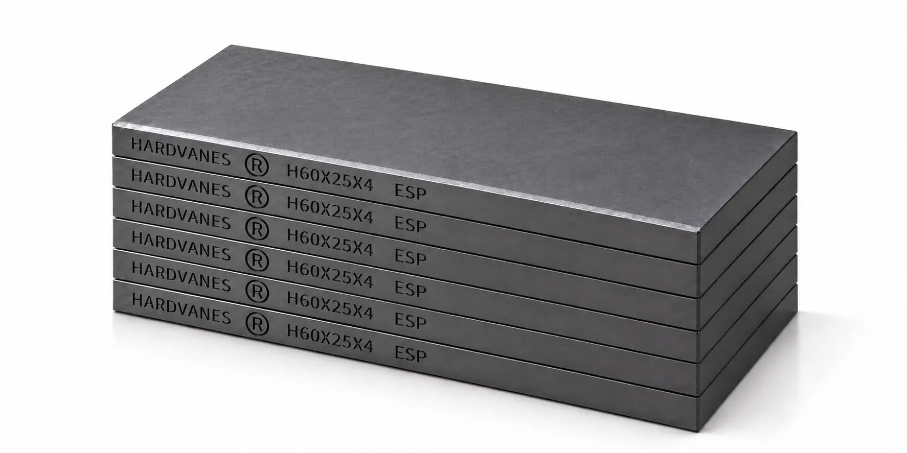 HARDVANES® H60254/6 — Kit de 6 paletas 60 × 25 × 4 mm con bisel fino y grabado a la izquierda del canto