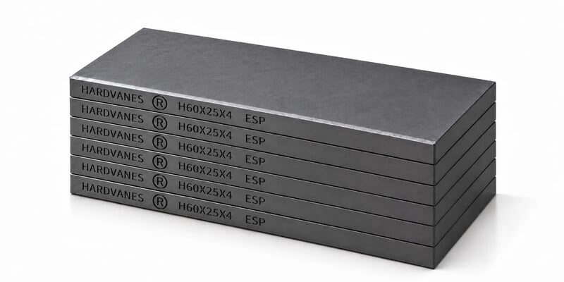 HARDVANES® H60254/6 — Kit de 6 paletas 60 × 25 × 4 mm con bisel fino y grabado a la izquierda del canto