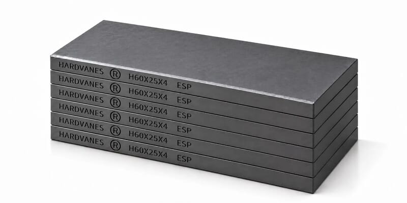 HARDVANES® H60254/6 — Kit de 6 paletas 60 × 25 × 4 mm con bisel fino y grabado a la izquierda del canto