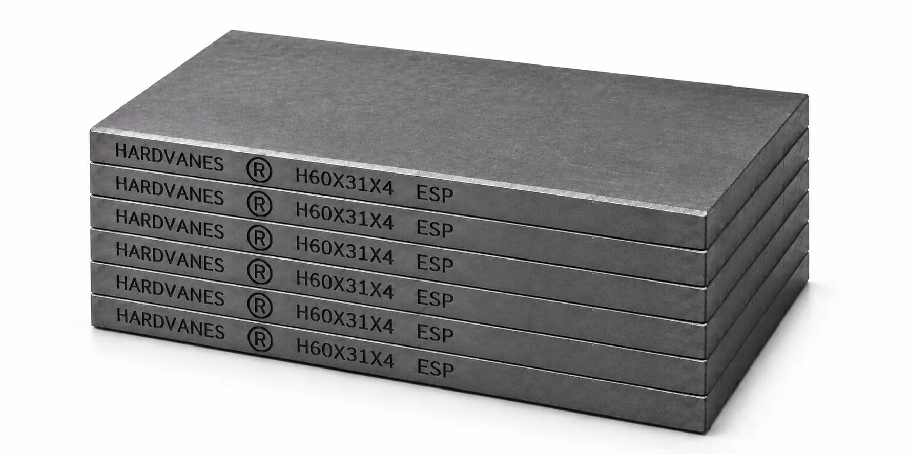 Kit HARDVANES® de 6 paletas idénticas de 60 × 31 × 4 mm, apiladas y alineadas sobre fondo blanco.