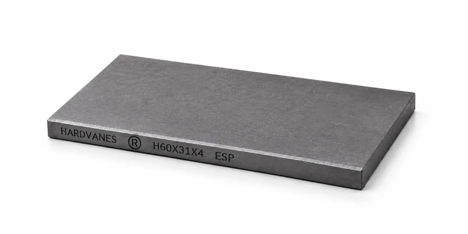 Paleta HARDVANES® de 60 × 31 × 4 mm en grafito mate, grabado en el canto frontal.