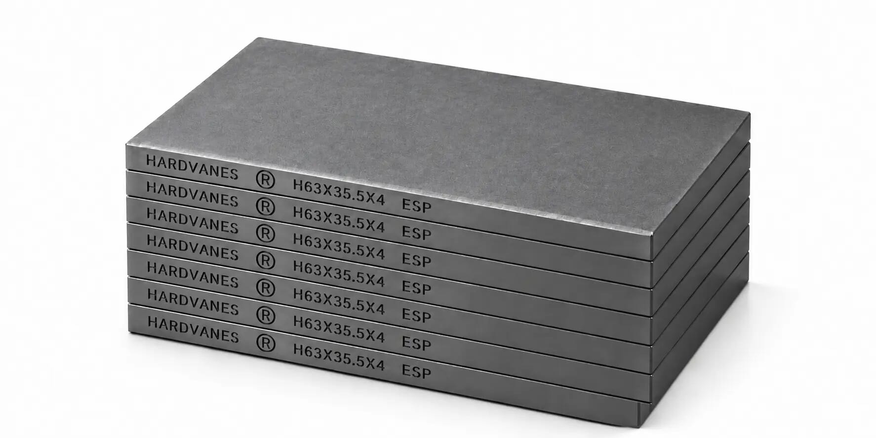 Kit HARDVANES® de 7 paletas idénticas de 63 × 35.5 × 4 mm, apiladas y alineadas sobre fondo blanco.