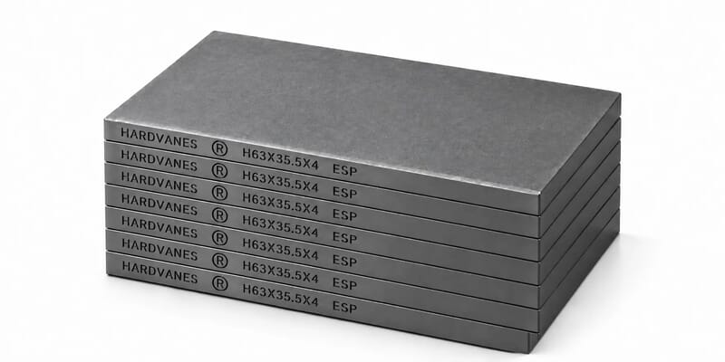 Kit HARDVANES® de 7 paletas idénticas de 63 × 35.5 × 4 mm, apiladas y alineadas sobre fondo blanco.