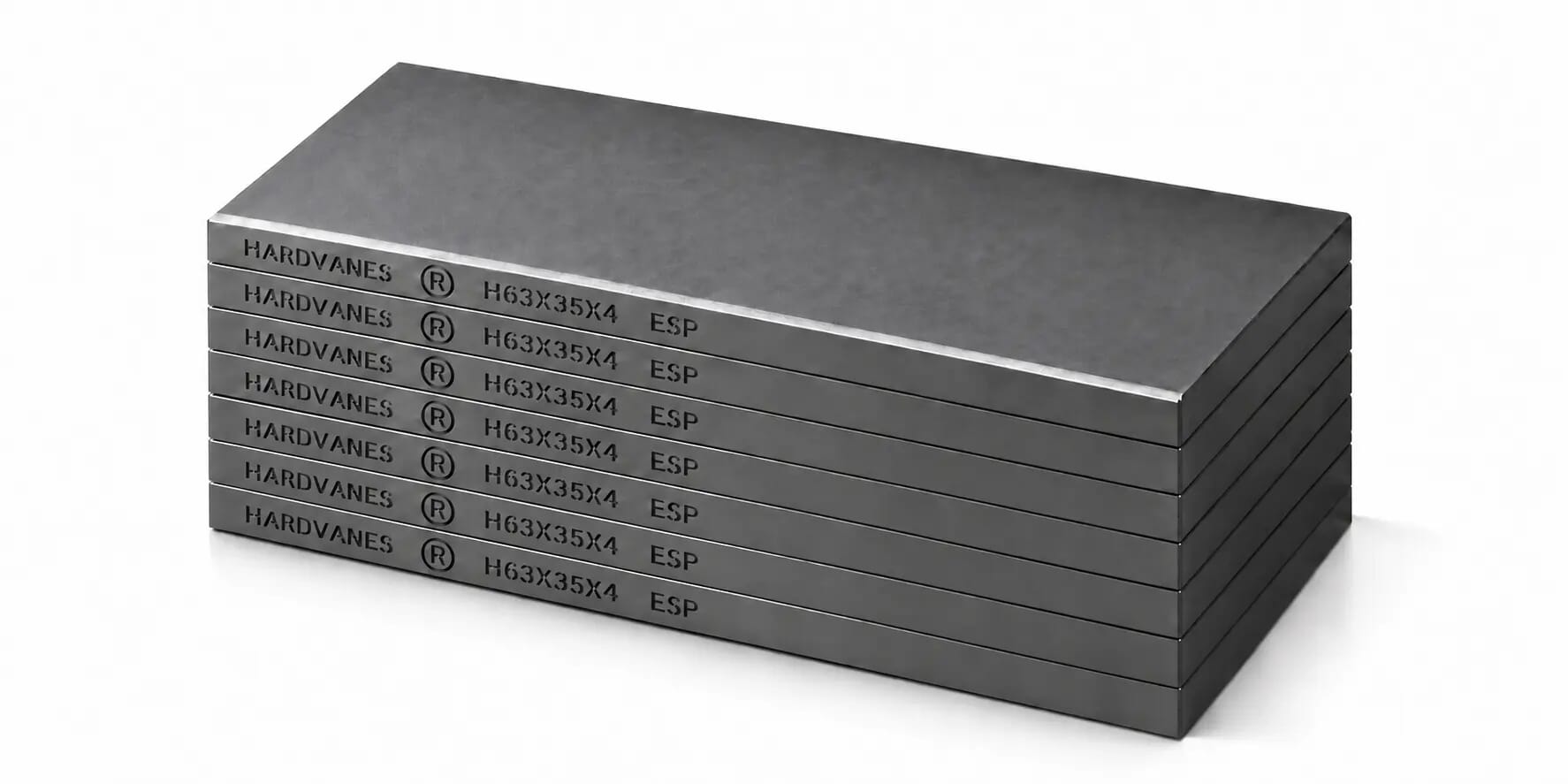 Kit de 7 paletas HARDVANES® de 63 × 35 × 4 mm, carbono-grafito con bisel, grabado a la izquierda y fondo blanco