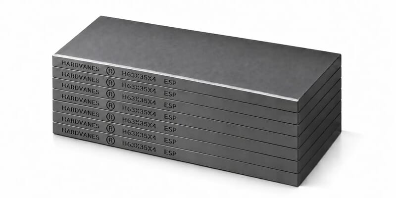 Kit de 7 paletas HARDVANES® de 63 × 35 × 4 mm, carbono-grafito con bisel, grabado a la izquierda y fondo blanco