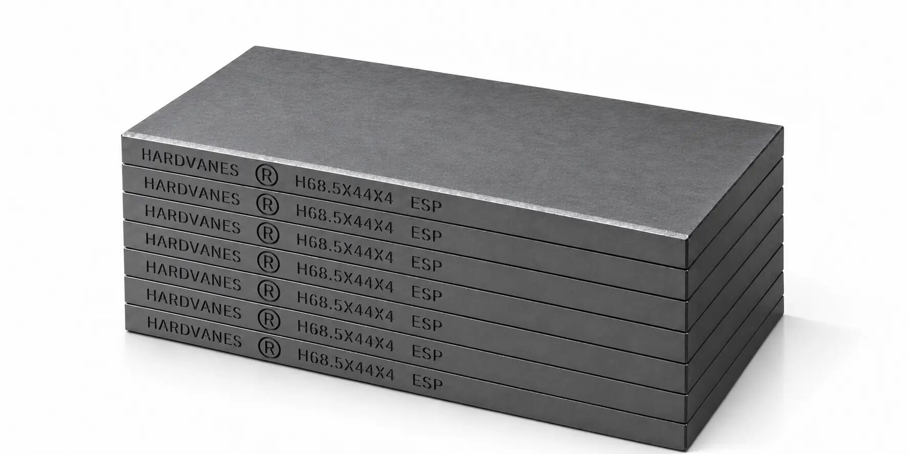 HARDVANES® H685444/7 — Kit de 7 paletas 68.5 × 44 × 4 mm con bisel fino y grabado a la izquierda del canto