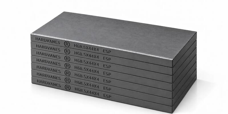 HARDVANES® H685444/7 — Kit de 7 paletas 68.5 × 44 × 4 mm con bisel fino y grabado a la izquierda del canto