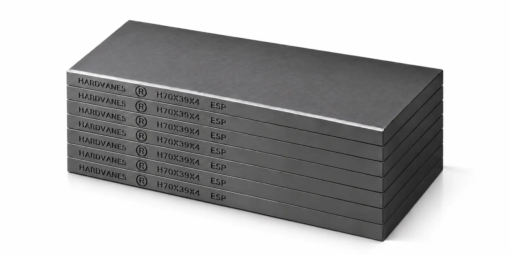 Kit de 7 paletas HARDVANES® de 70 × 39 × 4 mm, carbono-grafito con bisel, grabado a la izquierda y fondo blanco