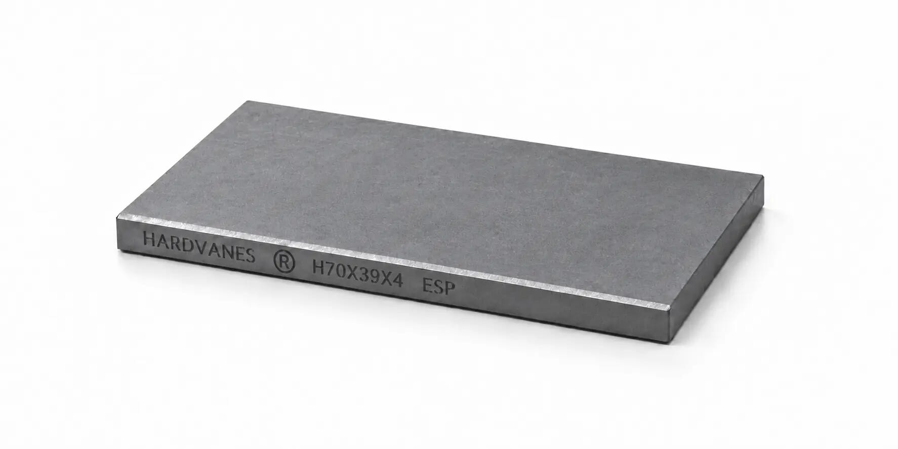 Paleta individual HARDVANES® de 70 × 39 × 4 mm, carbono-grafito con bisel, grabado a la izquierda y fondo blanco