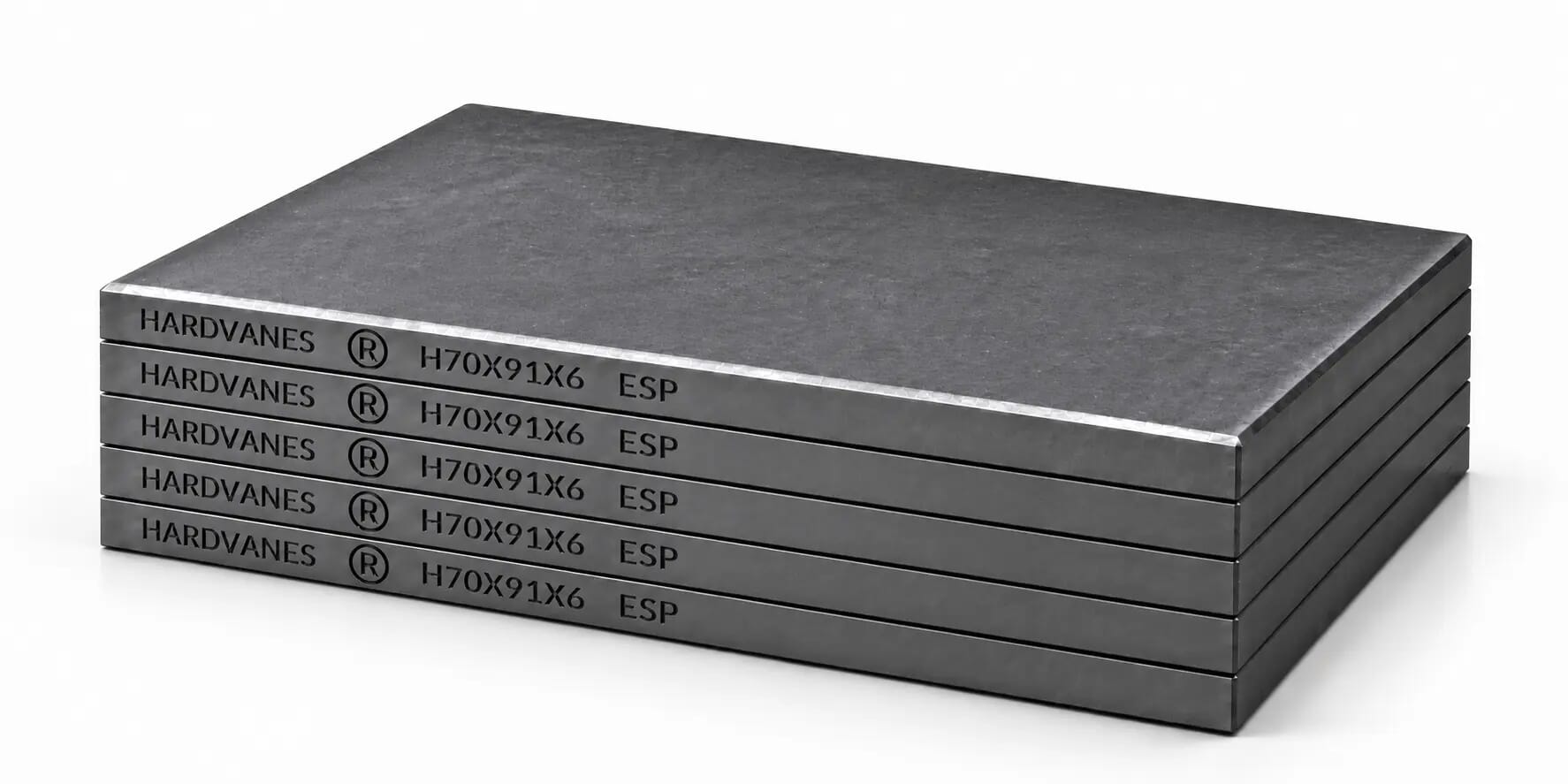 Kit de 5 paletas de carbono-grafito HARDVANES H70916/5 de 70×91×6 mm, apiladas y grabadas sobre fondo blanco.