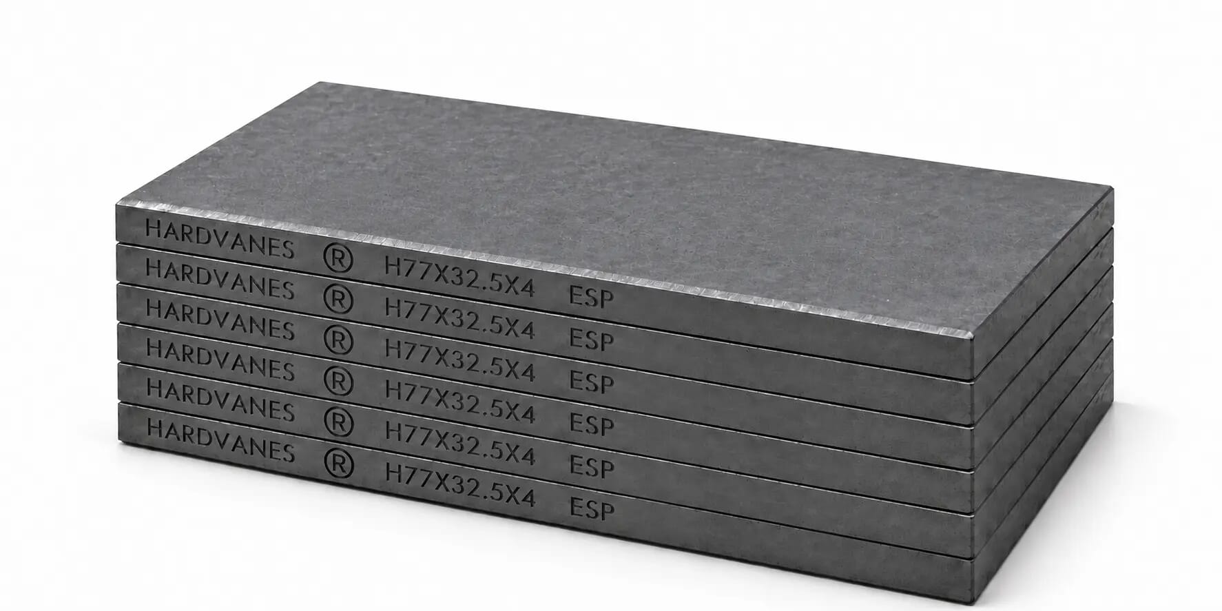 Kit HARDVANES® de 6 paletas idénticas de 77 × 32.5 × 4 mm, apiladas y alineadas sobre fondo blanco.