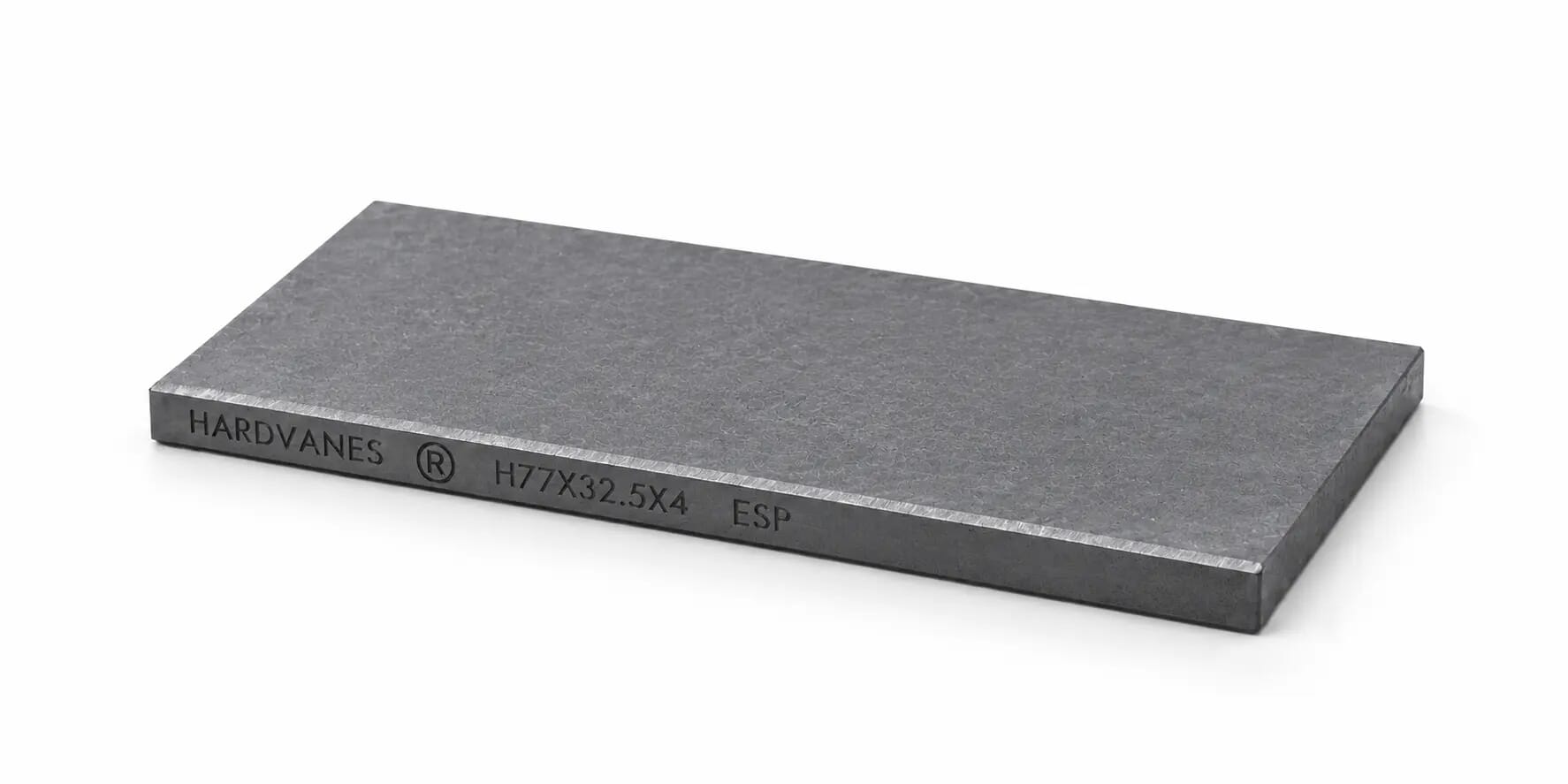 Paleta HARDVANES® de 77 × 32.5 × 4 mm en grafito mate, grabado en el canto frontal.