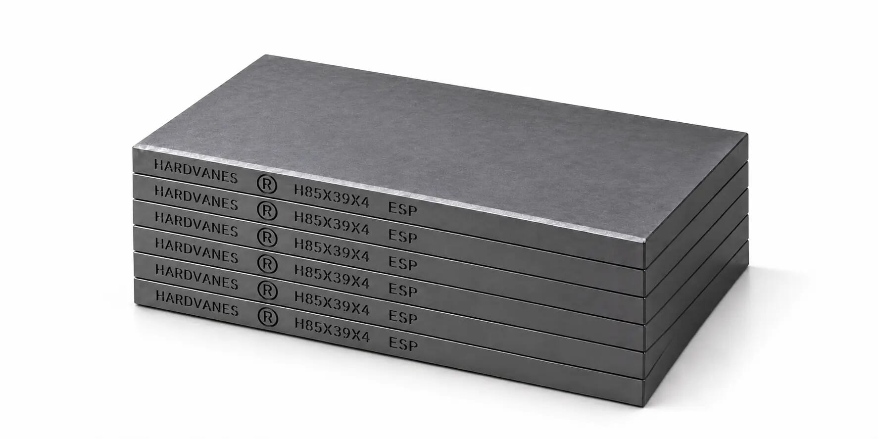 Kit de 6 paletas HARDVANES® de 85 × 39 × 4 mm, carbono-grafito con bisel, grabado a la izquierda y fondo blanco