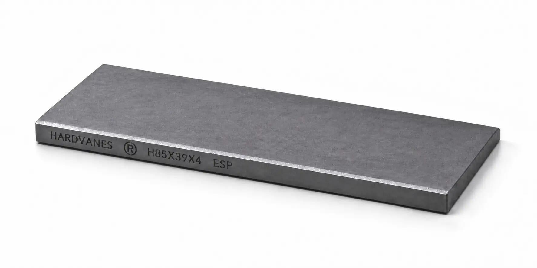 Paleta individual HARDVANES® de 85 × 39 × 4 mm, carbono-grafito con bisel, grabado a la izquierda y fondo blanco