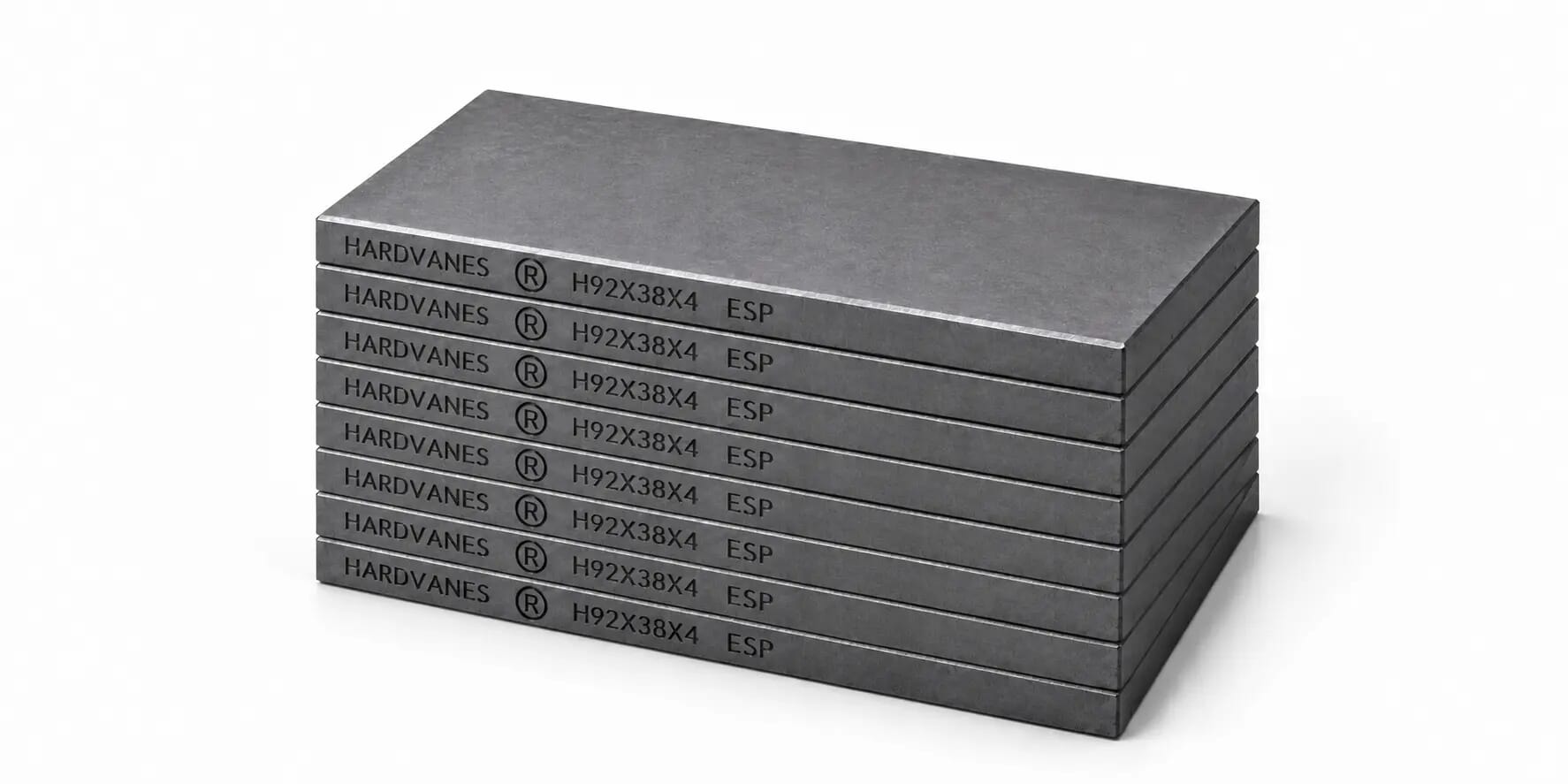 Kit HARDVANES® de 8 paletas idénticas de 92 × 38 × 4 mm, apiladas y alineadas sobre fondo blanco.