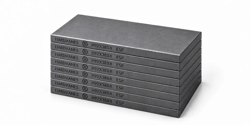 Kit HARDVANES® de 8 paletas idénticas de 92 × 38 × 4 mm, apiladas y alineadas sobre fondo blanco.