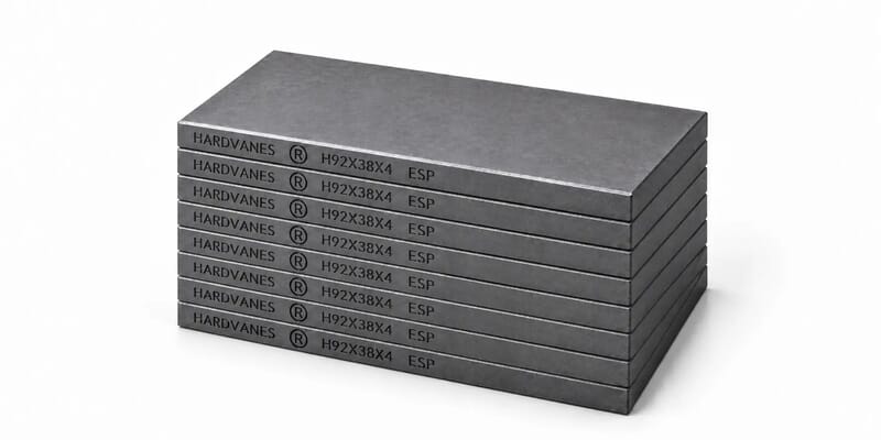 Kit HARDVANES® de 8 paletas idénticas de 92 × 38 × 4 mm, apiladas y alineadas sobre fondo blanco.
