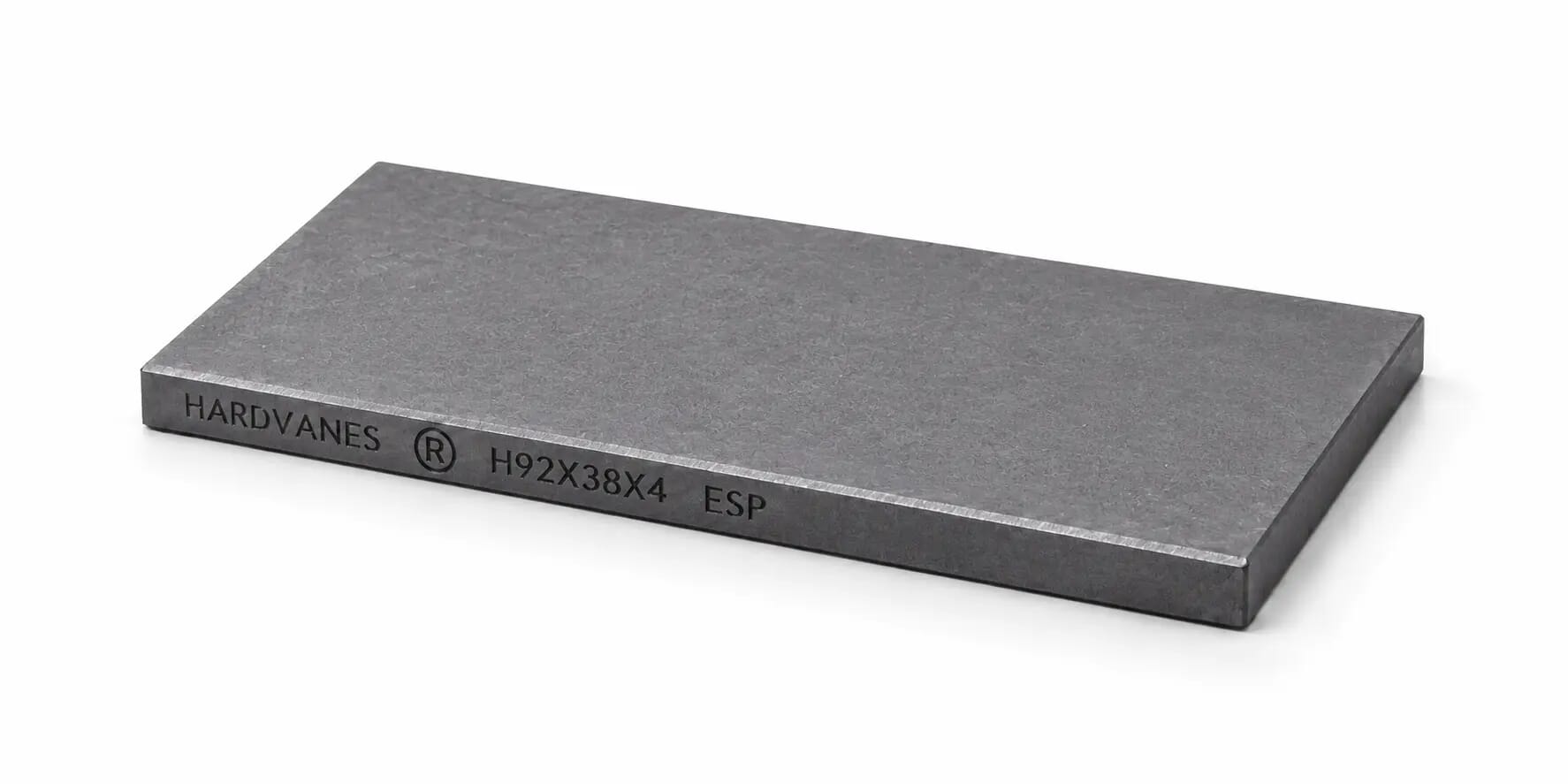 Paleta HARDVANES® de 92 × 38 × 4 mm en grafito mate, grabado en el canto frontal.