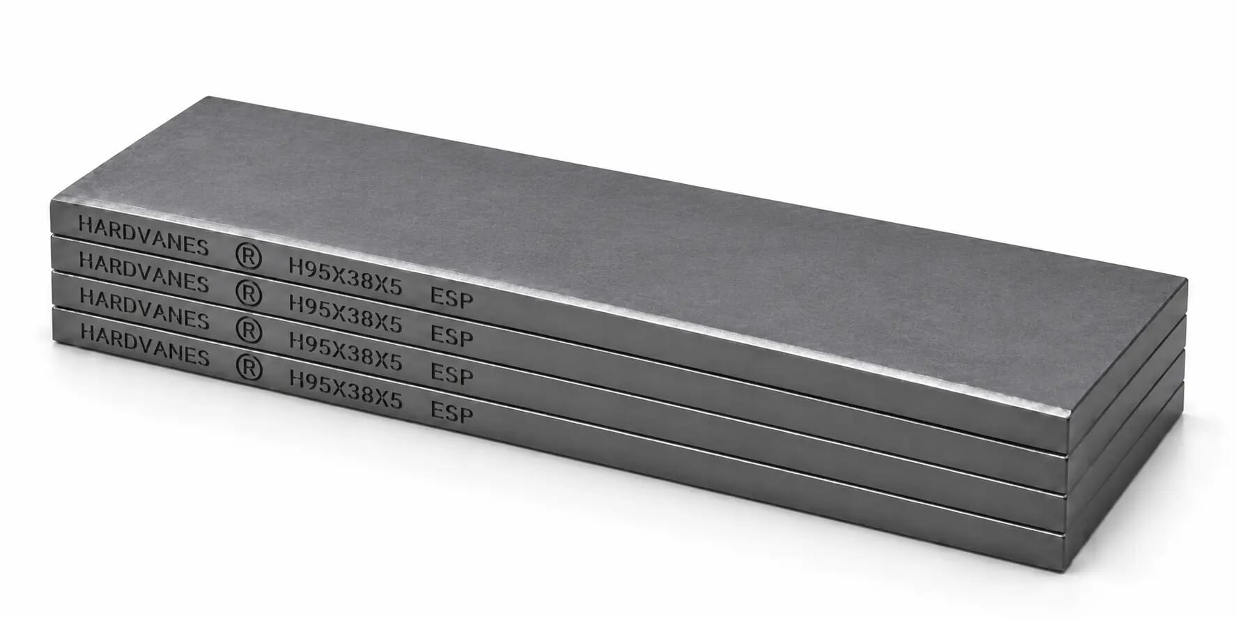 HARDVANES® H95385/4 — Kit de 4 paletas 95 × 38 × 5 mm con bisel fino y grabado a la izquierda del canto