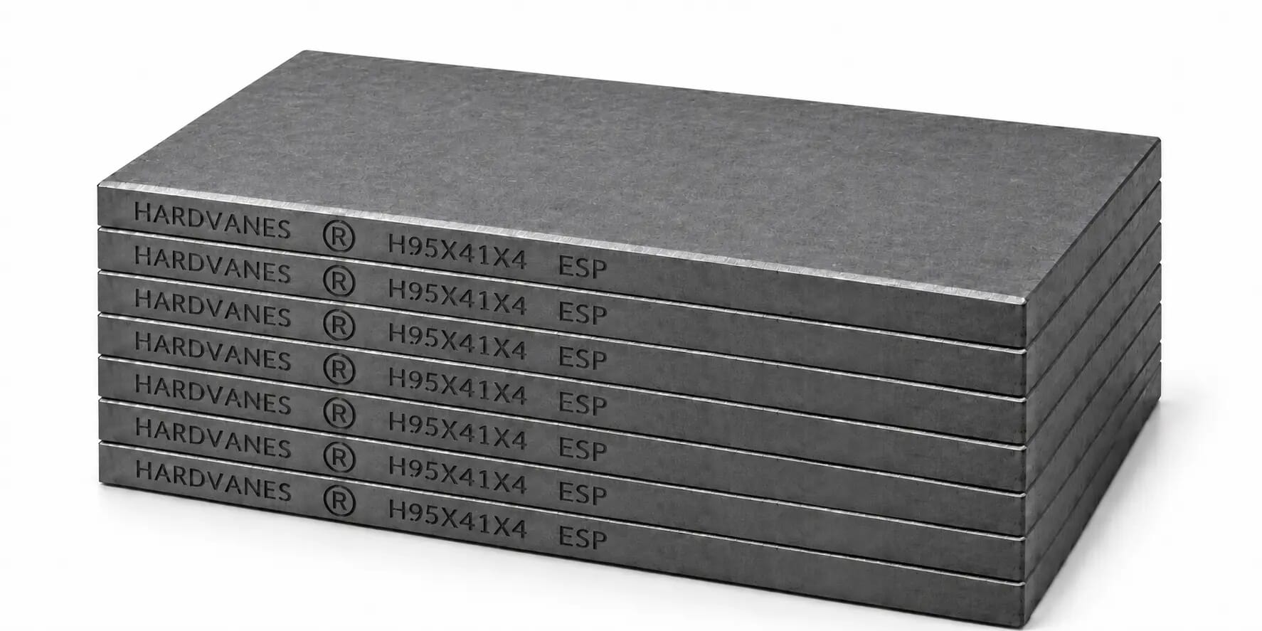 Kit HARDVANES® de 7 paletas idénticas de 95 × 41 × 4 mm, apiladas y alineadas sobre fondo blanco.