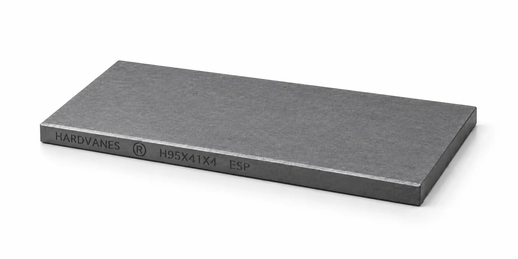Paleta HARDVANES® de 95 × 41 × 4 mm en grafito mate, grabado en el canto frontal.