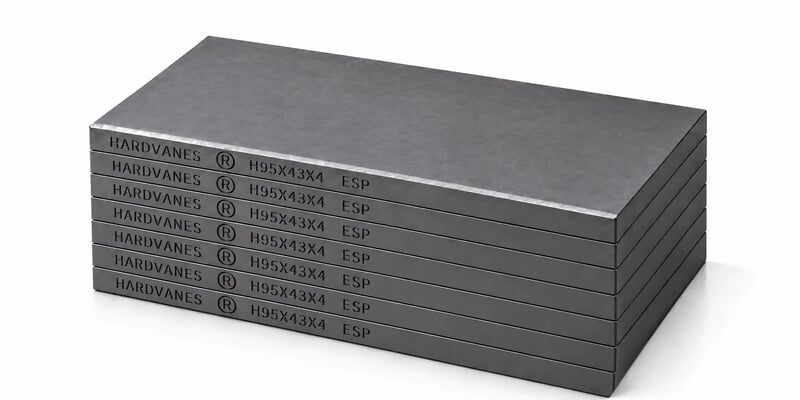Kit HARDVANES® H95434/7 con siete paletas de carbono-grafito de 95 × 43 × 4 mm apiladas y alineadas, con bisel y grabado a la izquierda
